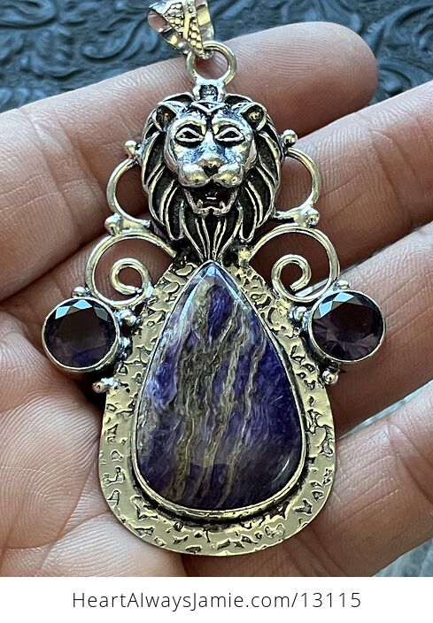 Lion Amethyst and Charoite Pendant Stone Crystal Jewelry - #ZvK8jArMQ1c-5