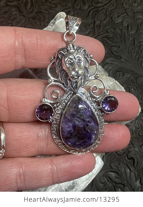 Lion Amethyst and Charoite Pendant Stone Crystal Jewelry - #byKoaMuBTxw-1