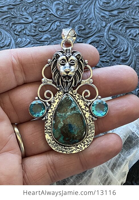 Lion Chrysocolla and Blue Topaz Pendant Stone Crystal Jewelry - #rN6BG4prW5A-2