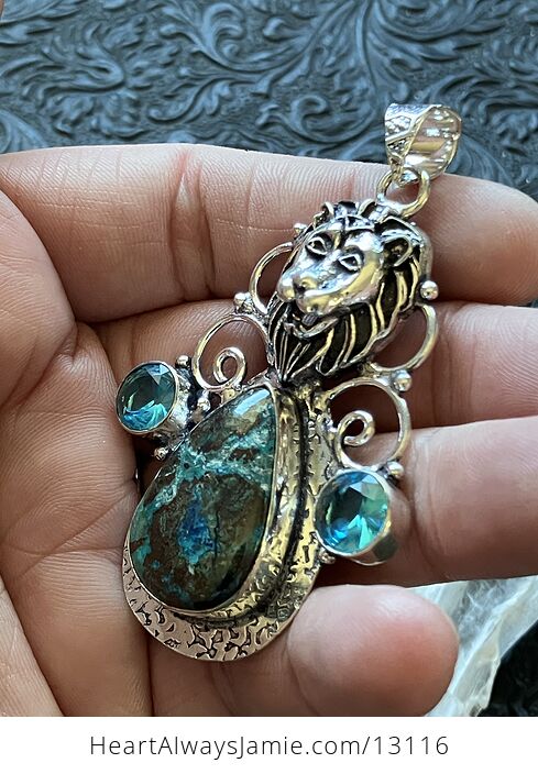 Lion Chrysocolla and Blue Topaz Pendant Stone Crystal Jewelry - #rN6BG4prW5A-4