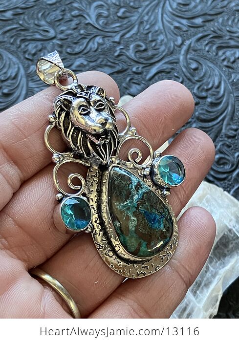 Lion Chrysocolla and Blue Topaz Pendant Stone Crystal Jewelry - #rN6BG4prW5A-3