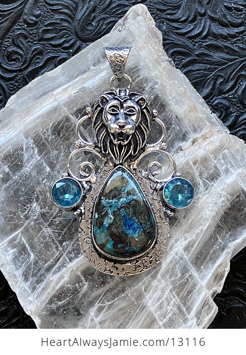 Lion Chrysocolla and Blue Topaz Pendant Stone Crystal Jewelry - #rN6BG4prW5A-1