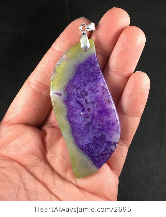 Long Pastel Yellow and Purple Drusy Agate Stone Pendant Necklace - #qV8HqmSGKQE-2