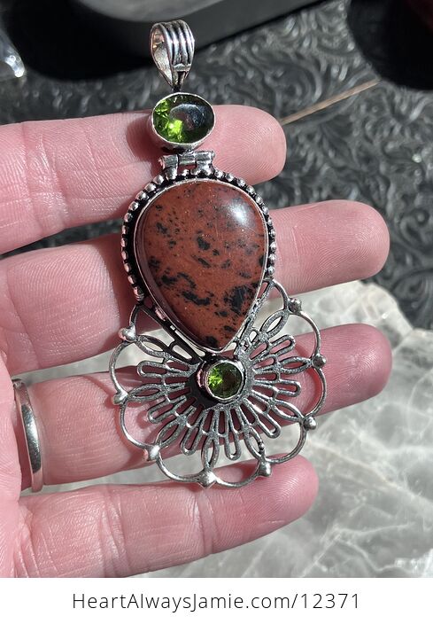 Mahogany Obsidian and Peridot Crystal Stone Jewelry Pendant - #iR6pWtVoRz8-1