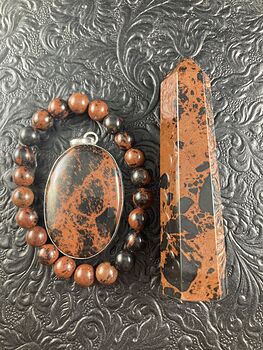Mahogany Obsidian Bracelet Pendant and Tower Grounding and Protection Gift Set #6qrrqAcLgjs