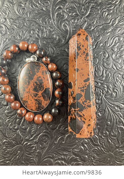 Mahogany Obsidian Bracelet Pendant and Tower Grounding and Protection Gift Set - #6qrrqAcLgjs-10
