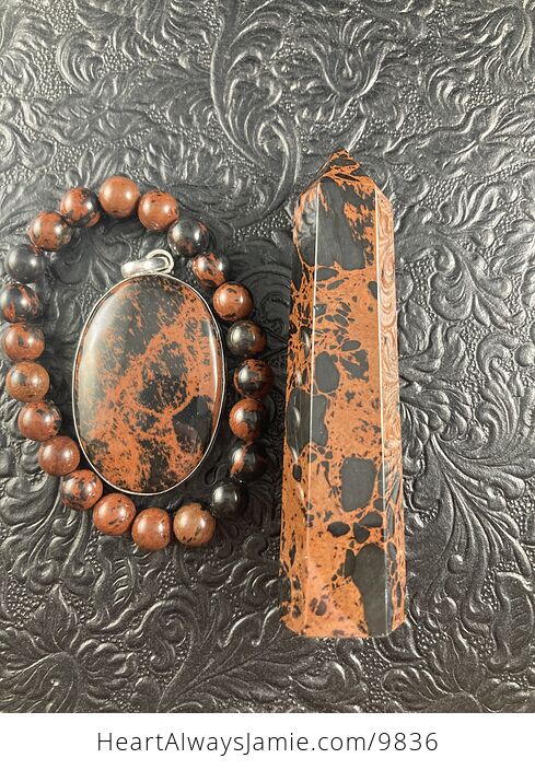 Mahogany Obsidian Bracelet Pendant and Tower Grounding and Protection Gift Set - #6qrrqAcLgjs-8