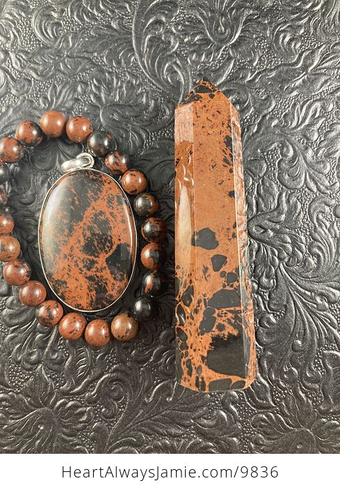 Mahogany Obsidian Bracelet Pendant and Tower Grounding and Protection Gift Set - #6qrrqAcLgjs-9