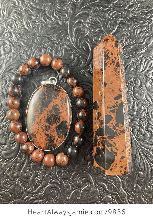Mahogany Obsidian Bracelet Pendant and Tower Grounding and Protection Gift Set - #6qrrqAcLgjs-1