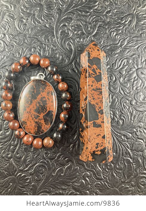 Mahogany Obsidian Bracelet Pendant and Tower Grounding and Protection Gift Set - #6qrrqAcLgjs-7