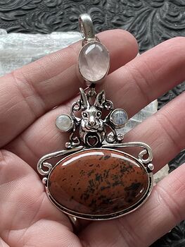 Mahogany Obsidian Rainbow Moonstone and Rose Quartz Rabbit Crystal Stone Jewelry Pendant #TualLAqtKFk