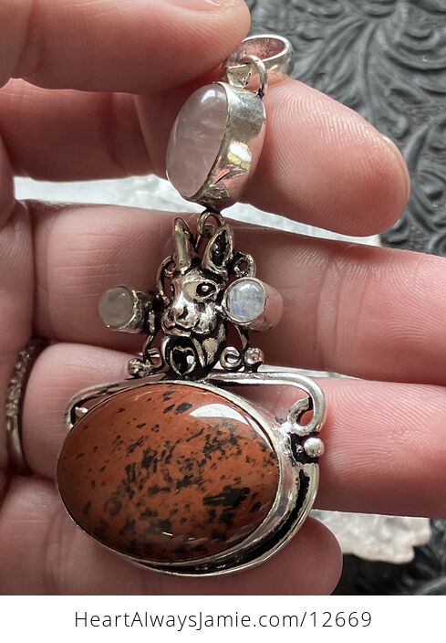 Mahogany Obsidian Rainbow Moonstone and Rose Quartz Rabbit Crystal Stone Jewelry Pendant - #TualLAqtKFk-3