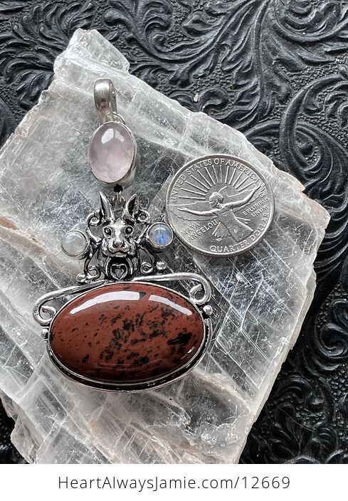 Mahogany Obsidian Rainbow Moonstone and Rose Quartz Rabbit Crystal Stone Jewelry Pendant - #TualLAqtKFk-6