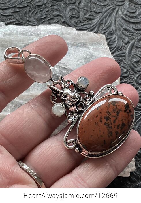 Mahogany Obsidian Rainbow Moonstone and Rose Quartz Rabbit Crystal Stone Jewelry Pendant - #TualLAqtKFk-2