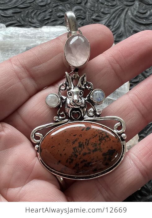 Mahogany Obsidian Rainbow Moonstone and Rose Quartz Rabbit Crystal Stone Jewelry Pendant - #TualLAqtKFk-1