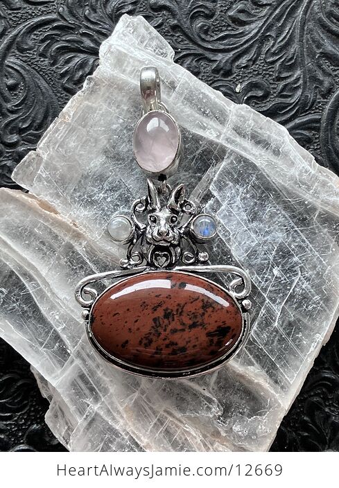 Mahogany Obsidian Rainbow Moonstone and Rose Quartz Rabbit Crystal Stone Jewelry Pendant - #TualLAqtKFk-5