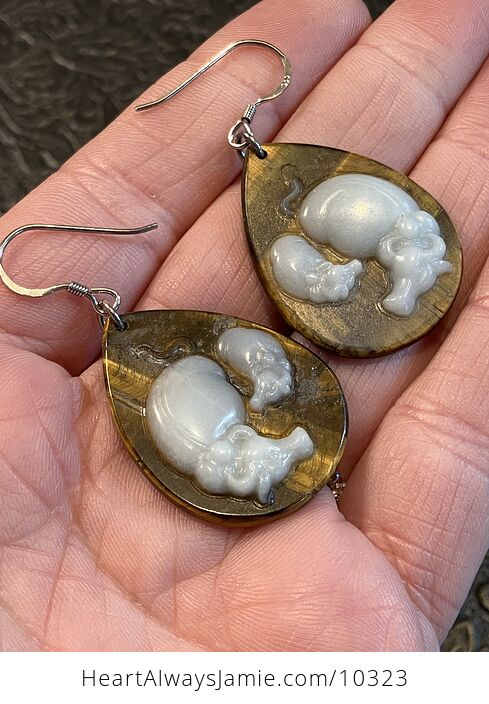 Mamma and Baby Cow Water Buffalo Taurus Cow Jade Tigers Eye Earrings Jewelry - #ExMK9O9NO3o-1
