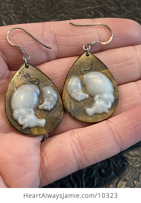 Mamma and Baby Cow Water Buffalo Taurus Cow Jade Tigers Eye Earrings Jewelry - #ExMK9O9NO3o-2