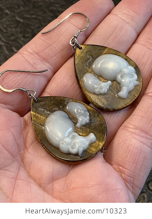 Mamma and Baby Cow Water Buffalo Taurus Cow Jade Tigers Eye Earrings Jewelry - #ExMK9O9NO3o-3