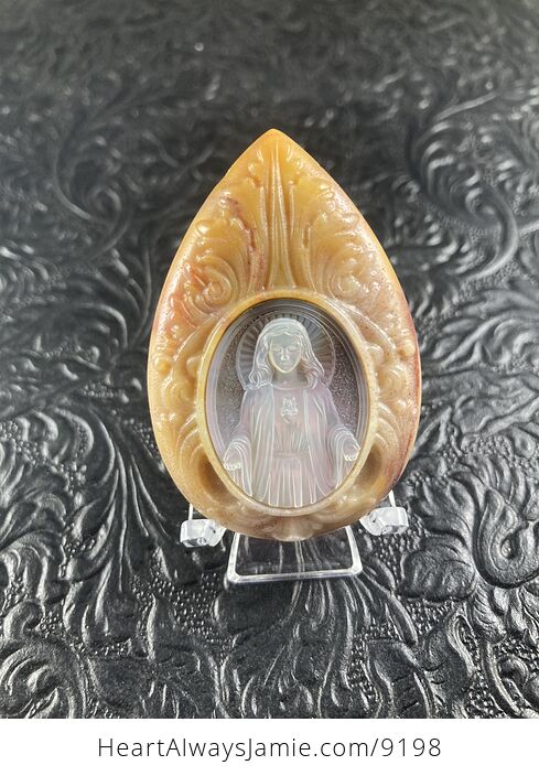 Mary Mother of Pearl and Jasper Stone Jewelry Pendant Mini Art Ornament - #6nwWYEFjC74-1