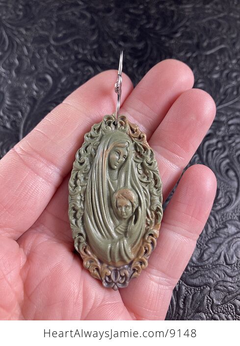 Mary with Baby Jesus Jasper Stone Jewelry Pendant Ornament - #spkUq64nBOU-2