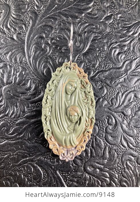 Mary with Baby Jesus Jasper Stone Jewelry Pendant Ornament - #spkUq64nBOU-1