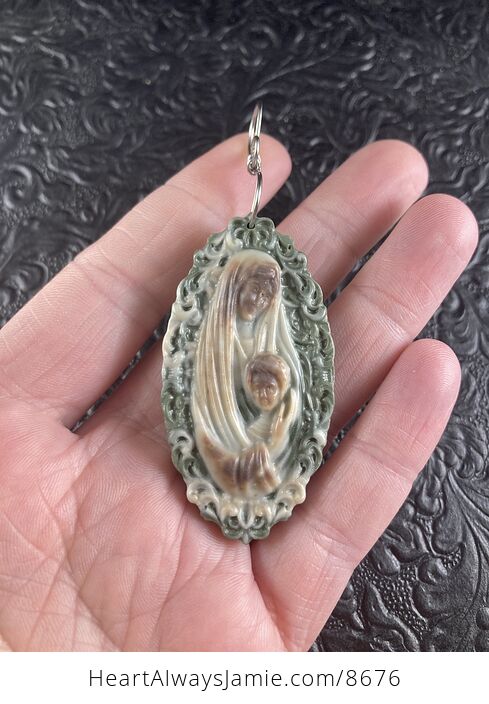 Mary with Baby Jesus Jasper Stone Jewelry Pendant Ornament - #uMKAWFL2ArY-1