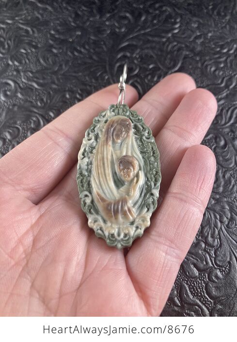 Mary with Baby Jesus Jasper Stone Jewelry Pendant Ornament - #uMKAWFL2ArY-2
