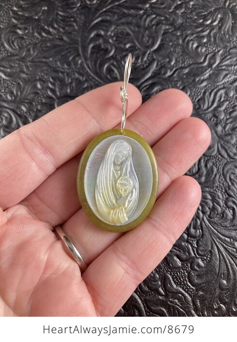 Mary with Baby Jesus Mother of Pearl Shell and Jade Stone Jewelry Pendant Ornament - #xMckEU3hYTU-1