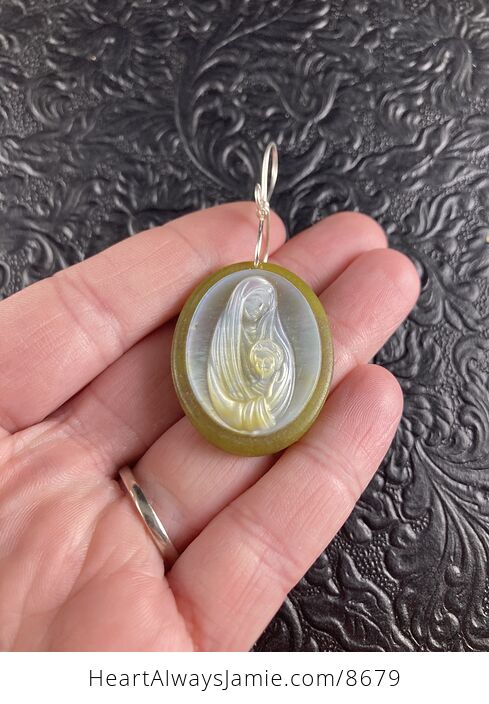 Mary with Baby Jesus Mother of Pearl Shell and Jade Stone Jewelry Pendant Ornament - #xMckEU3hYTU-2