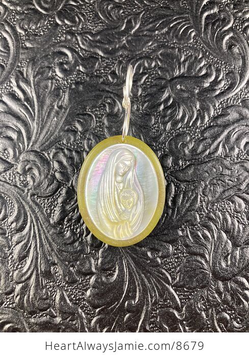 Mary with Baby Jesus Mother of Pearl Shell and Jade Stone Jewelry Pendant Ornament - #xMckEU3hYTU-5