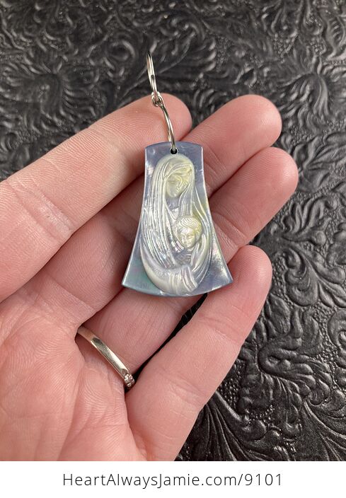 Mary with Baby Jesus Mother of Pearl Shell and Jasper Stone Jewelry Pendant Ornament - #WqZ3kbdenXc-1