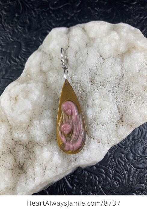 Mary with Baby Jesus Rhodonite and Tigers Eye Stone Jewelry Pendant Ornament - #SUk6v0eJDkI-6