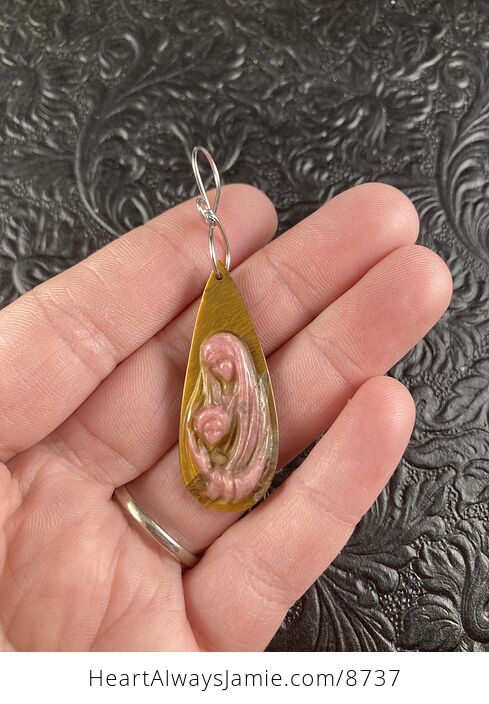 Mary with Baby Jesus Rhodonite and Tigers Eye Stone Jewelry Pendant Ornament - #SUk6v0eJDkI-1