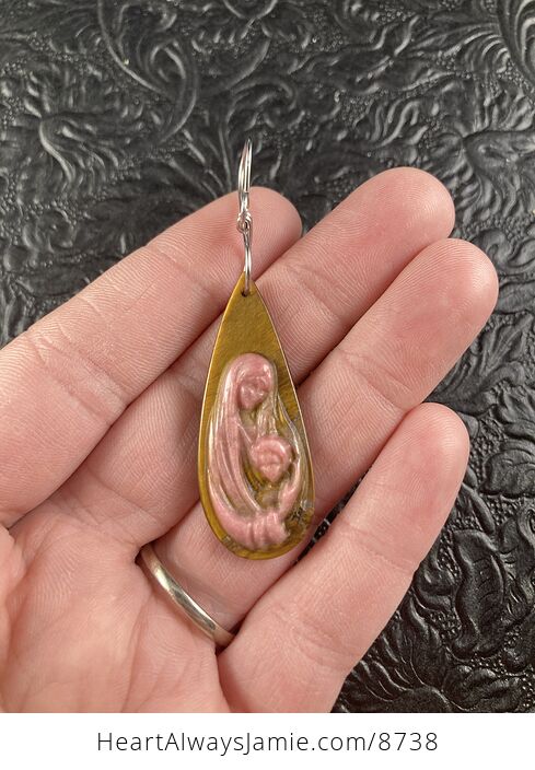 Mary with Baby Jesus Rhodonite and Tigers Eye Stone Jewelry Pendant Ornament - #oYpvmTpmtaA-1