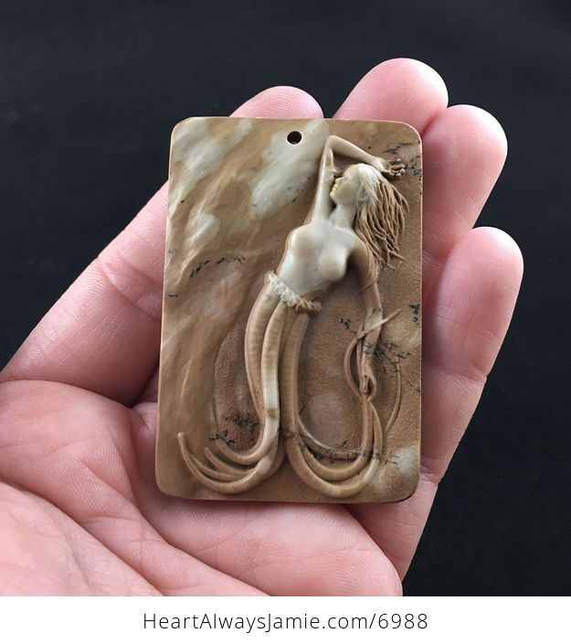Mermaid Carved Ribbon Jasper Stone Pendant Jewelry - #wM5wz5VJnyM-1