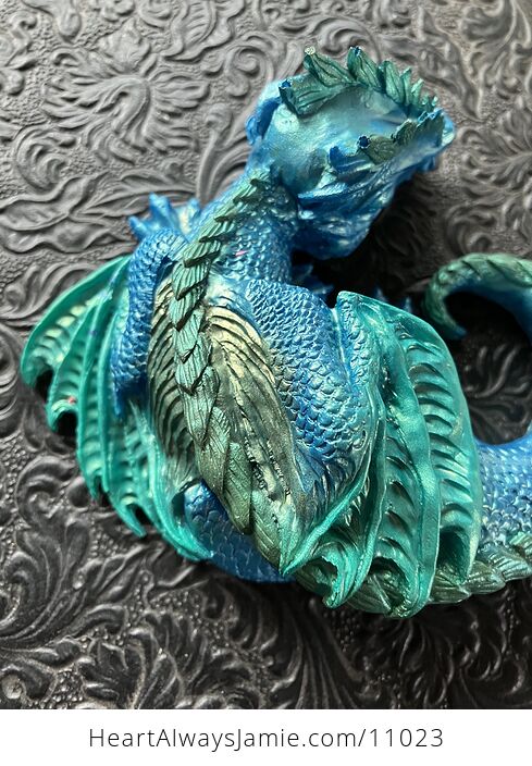 Metallic Blue and Green Sleeping Baby Dragon Resin Figurine Discounted - #AP5SSXMvRBU-3