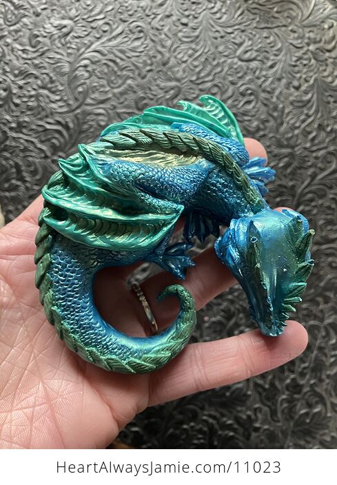 Metallic Blue and Green Sleeping Baby Dragon Resin Figurine Discounted - #AP5SSXMvRBU-1