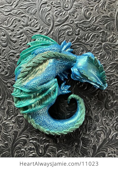 Metallic Blue and Green Sleeping Baby Dragon Resin Figurine Discounted - #AP5SSXMvRBU-2