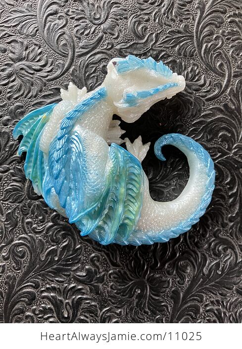 Metallic Blue White and Green Sleeping Baby Dragon Resin Figurine Discounted - #m7C3bp4737Y-1