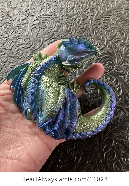 Metallic Green and Blue Sleeping Baby Dragon Resin Figurine Discounted - #74r9YewWk5I-3