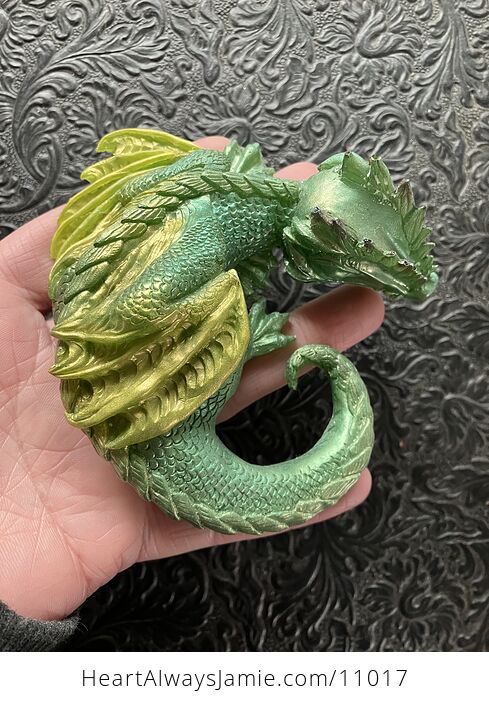 Metallic Green and Yellow Sleeping Baby Dragon Resin Figurine Discounted - #xeHPFJlKEaA-1