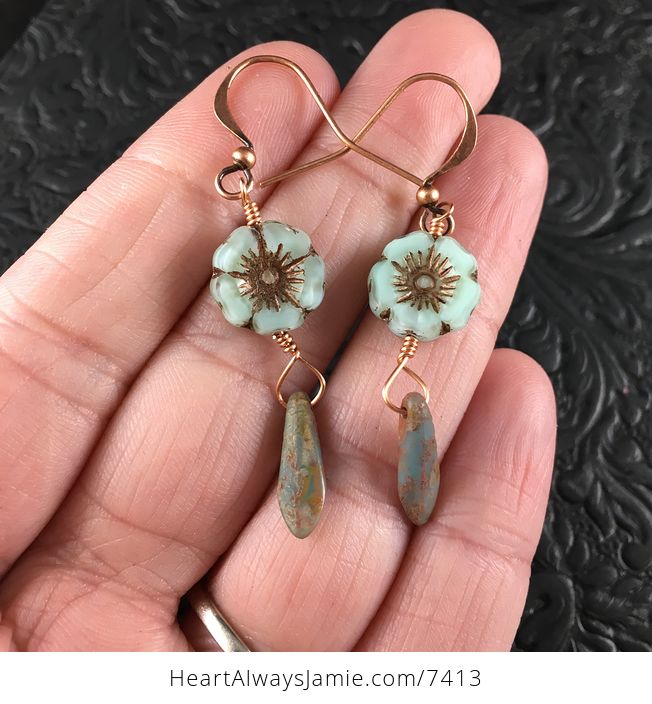 Mint and Bronze Glass Hawaiian Flower and Rust Dagger Earrings with Copper Wire - #UwhAsBz9iCI-1