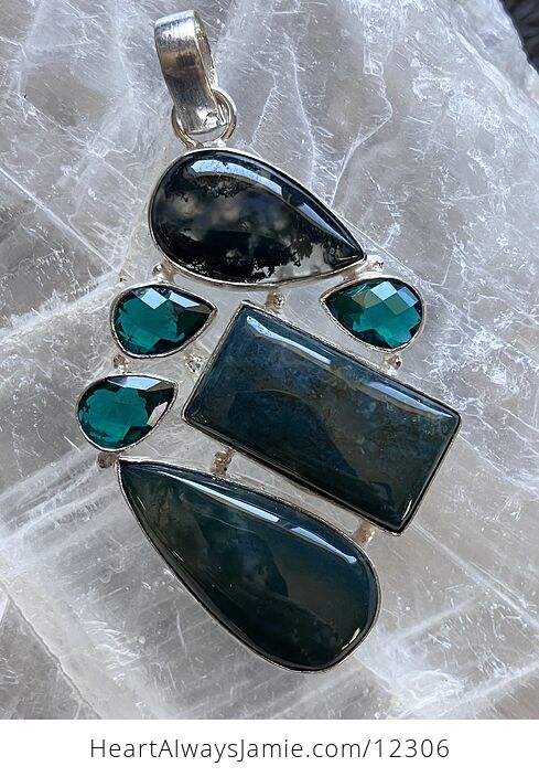 Moss Agate and Green Stone Jewelry Crystal Pendant - #IacJqRrv5gI-1