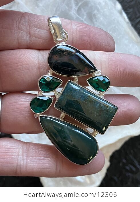 Moss Agate and Green Stone Jewelry Crystal Pendant - #IacJqRrv5gI-4