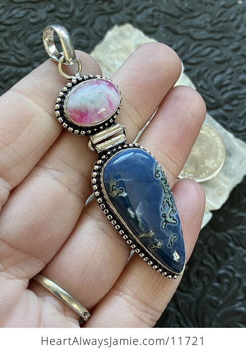 Moss Blue Opal and Pink Rainbow Moonstone Crystal Stone Jewelry Pendant - #8RvmLLTPBpg-2