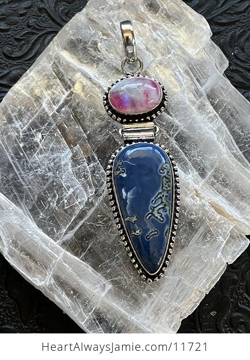 Moss Blue Opal and Pink Rainbow Moonstone Crystal Stone Jewelry Pendant - #8RvmLLTPBpg-6
