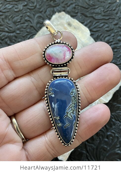 Moss Blue Opal and Pink Rainbow Moonstone Crystal Stone Jewelry Pendant - #8RvmLLTPBpg-1