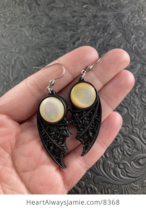 Mother of Pearl and Black Bat Wing Jewelry Earrings - #85bC8BROlac-3