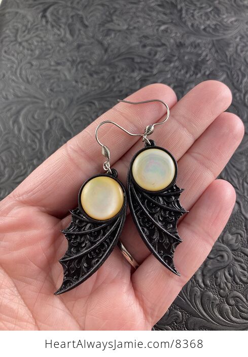 Mother of Pearl and Black Bat Wing Jewelry Earrings - #85bC8BROlac-2
